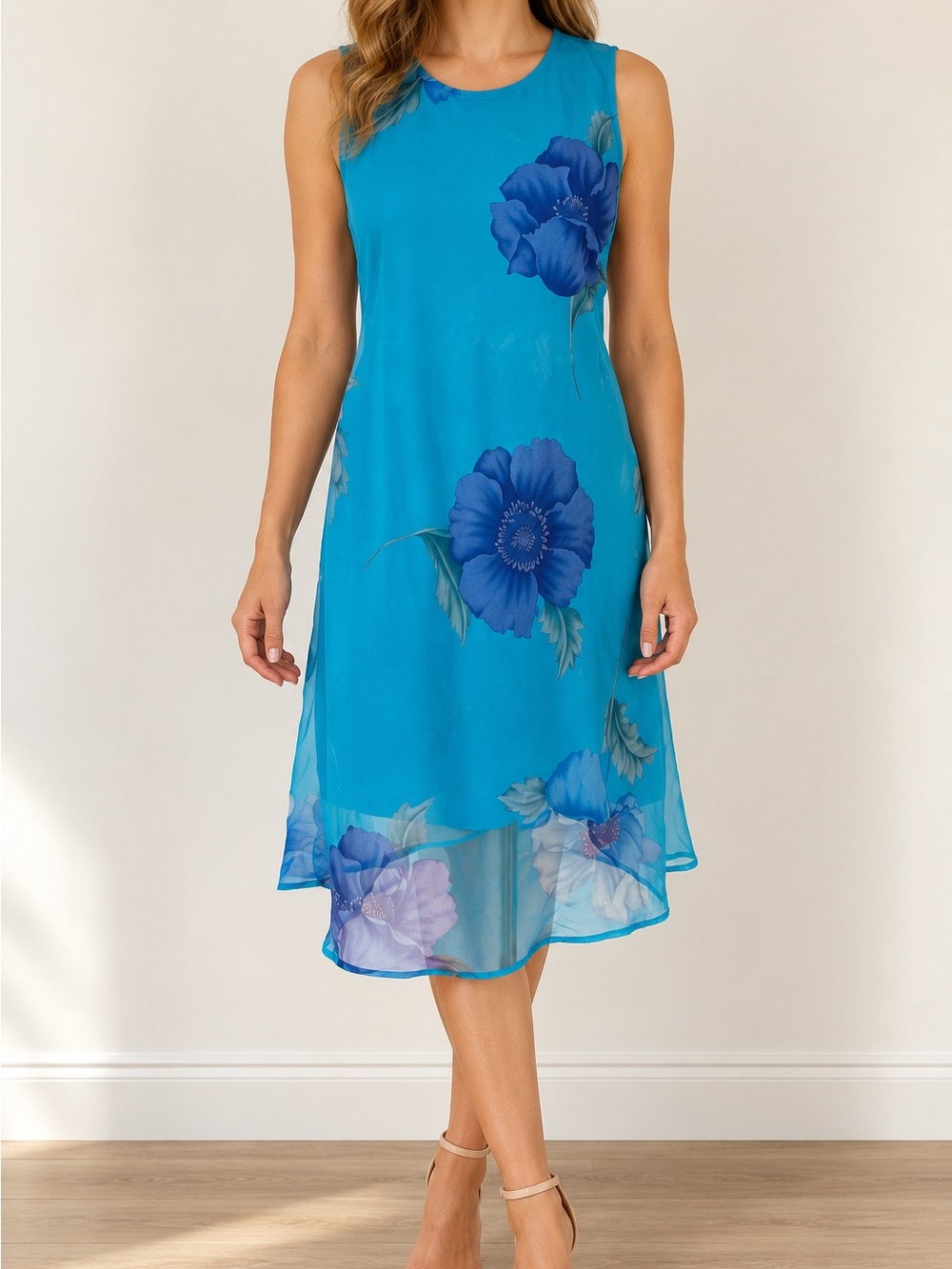 DBY Turquoise Floral Sleeveless Dress Sheer Hem Summer Garden Party